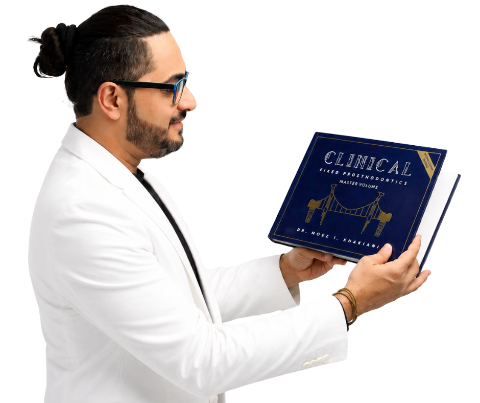 Dr. Moez Khakiani holding Clinical Fixed Prosthodontics book