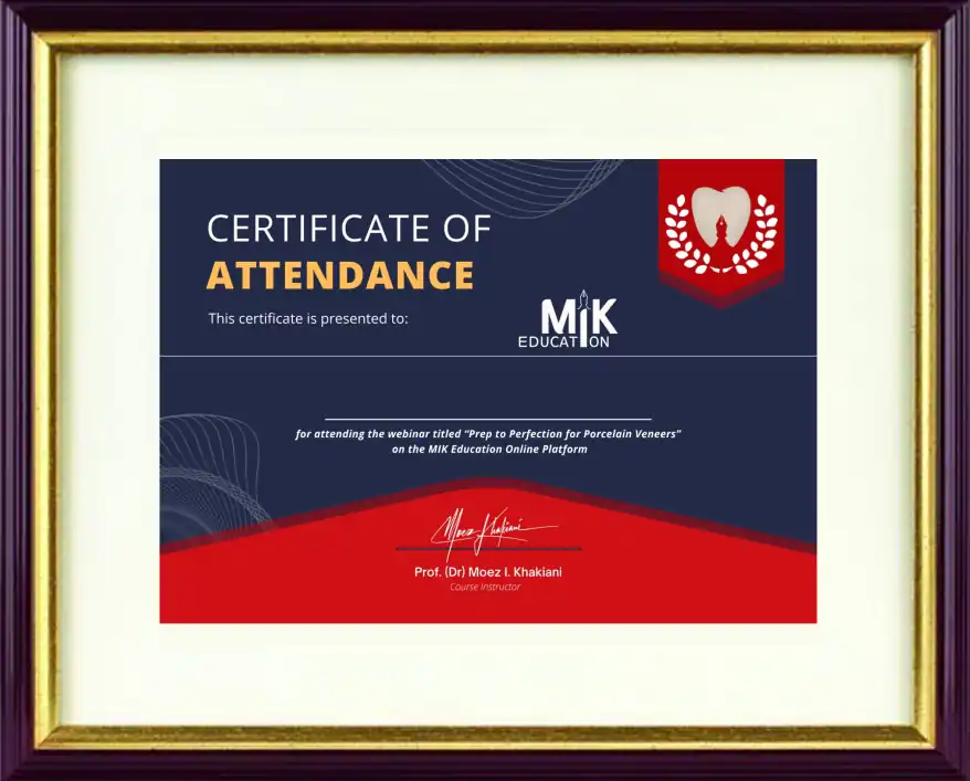 MIK Education porcelain veneer course e-certificate sample