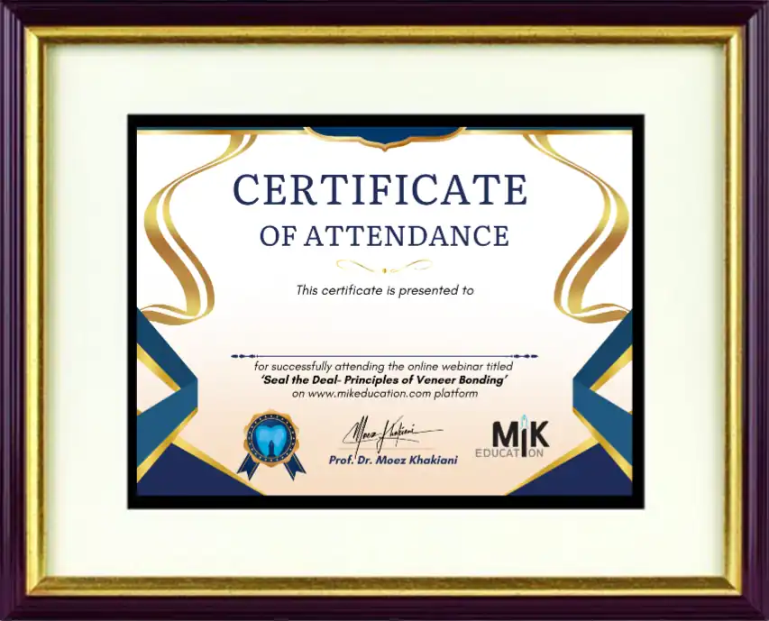 MIK Education porcelain veneer bonding course certificate sample